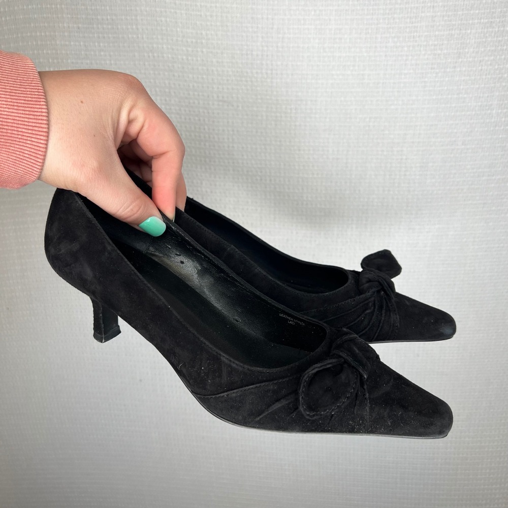 Casa Di Torino Laci Black Suede Leather Kitten Heel Bow Pumps Womens‎ 7.5M